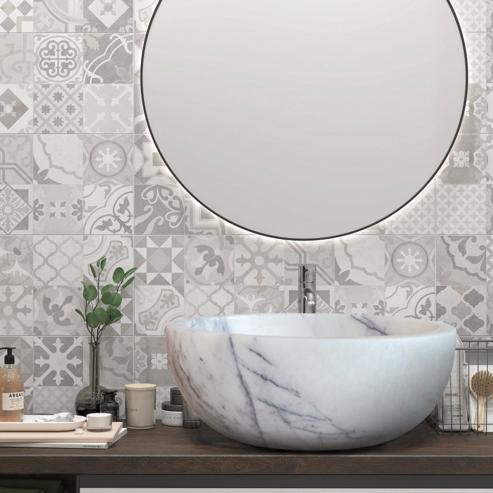 New York White Marble Polished Round Vessel Sink Bathroom 12x5