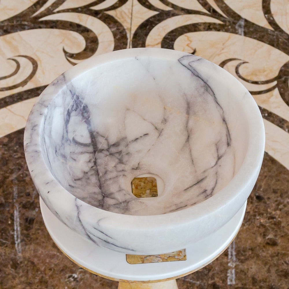 New York White Marble Polished Round Vessel Sink Bathroom 12x5