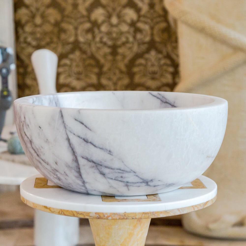 New York White Marble Polished Round Vessel Sink Bathroom 12x5