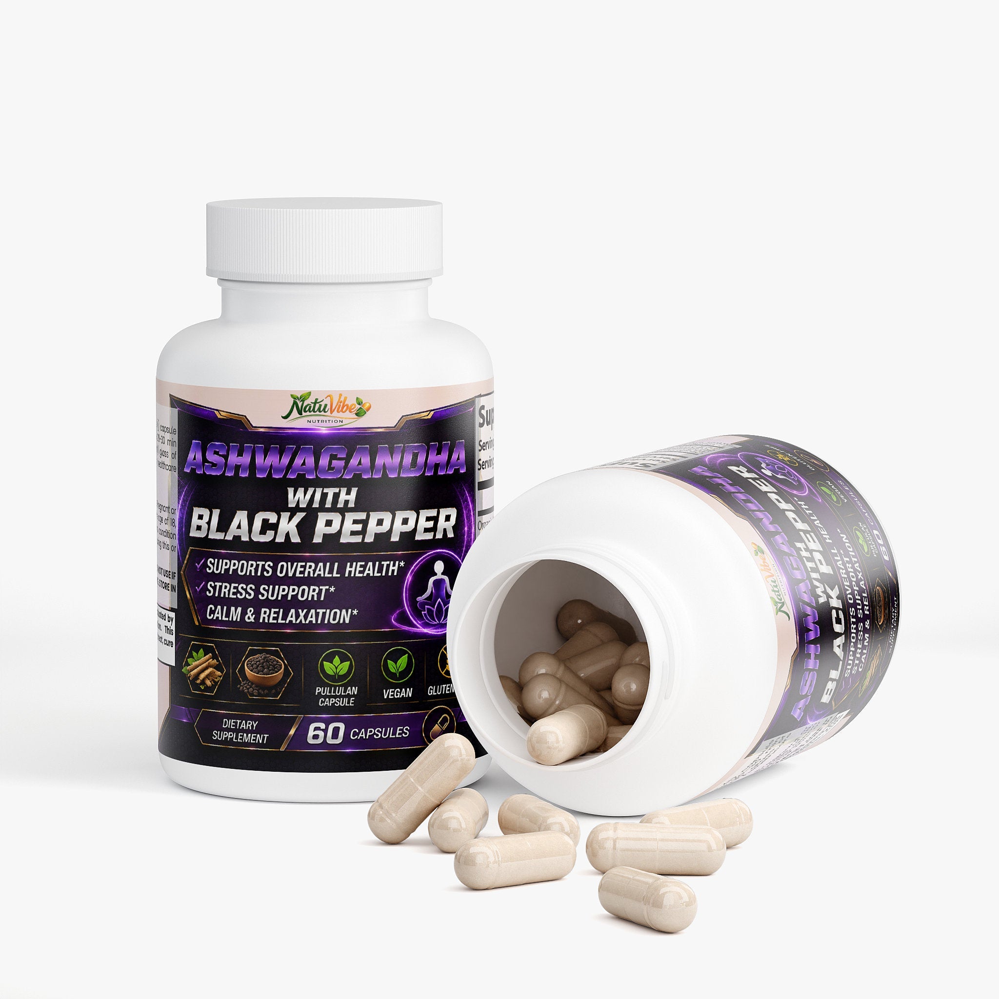 Organic Ashwagandha Capsules with Black Pepper – Stress, Calm & Adaptogen Support | 60 Caps