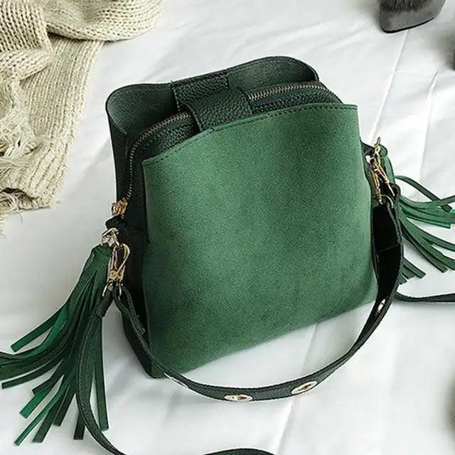 New Fashionable Scrub Women Bucket Bag Vintage Tassel Messenger Bag High Quality Shoulder Bag Simple Crossbody Bag For Females
