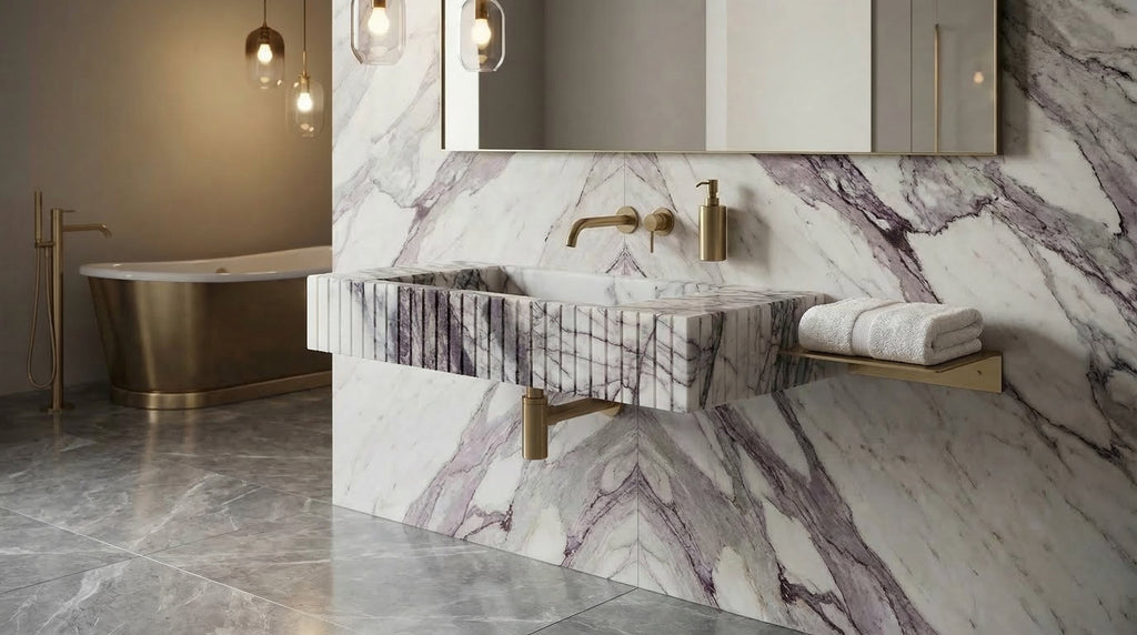 New York Marble Wall Mount Bathroom Sink Fluted Design with 12 by 20 by 5 Inch Size