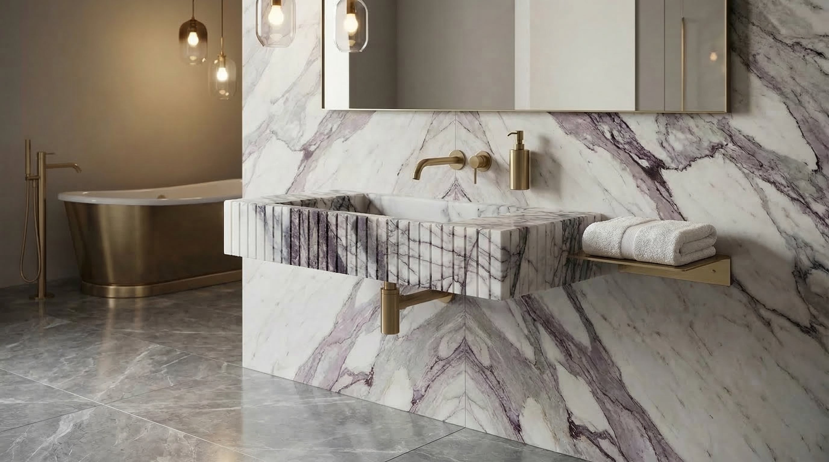 New York Marble Wall Mount Bathroom Sink Fluted Design with 12 by 20 by 5 Inch Size
