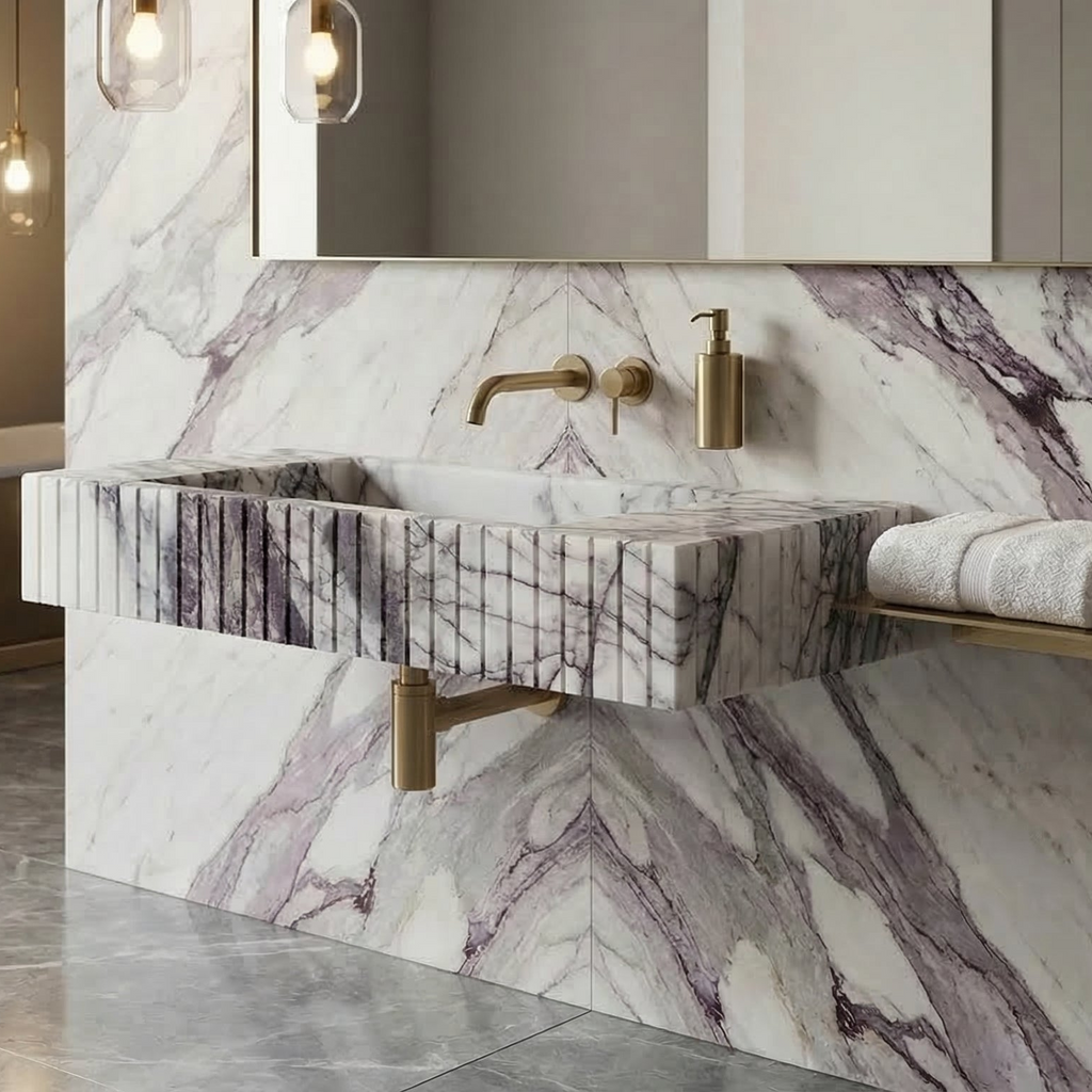 New York Marble Wall Mount Bathroom Sink Fluted Design with 12 by 20 by 5 Inch Size