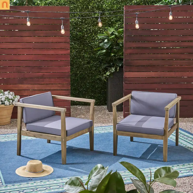 Outdoor Club Chair Acacia Wood Gray Dark Gray Cushion Set of 2