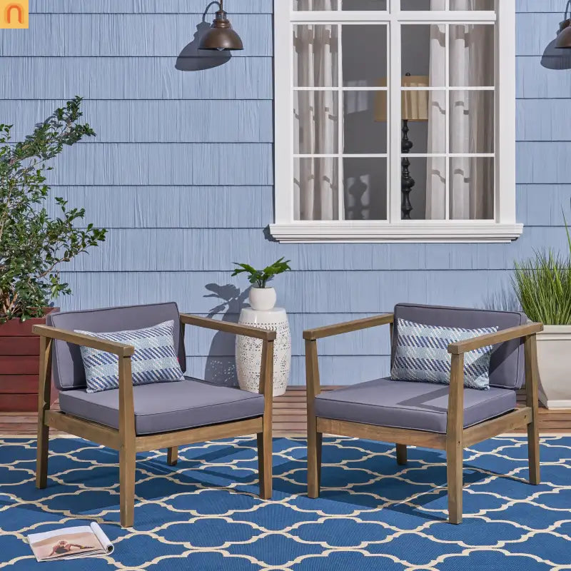 Outdoor Club Chair Acacia Wood Gray Dark Gray Cushion Set of 2