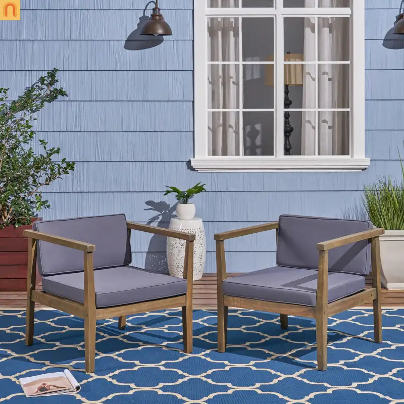 Outdoor Club Chair Acacia Wood Gray Dark Gray Cushion Set of 2