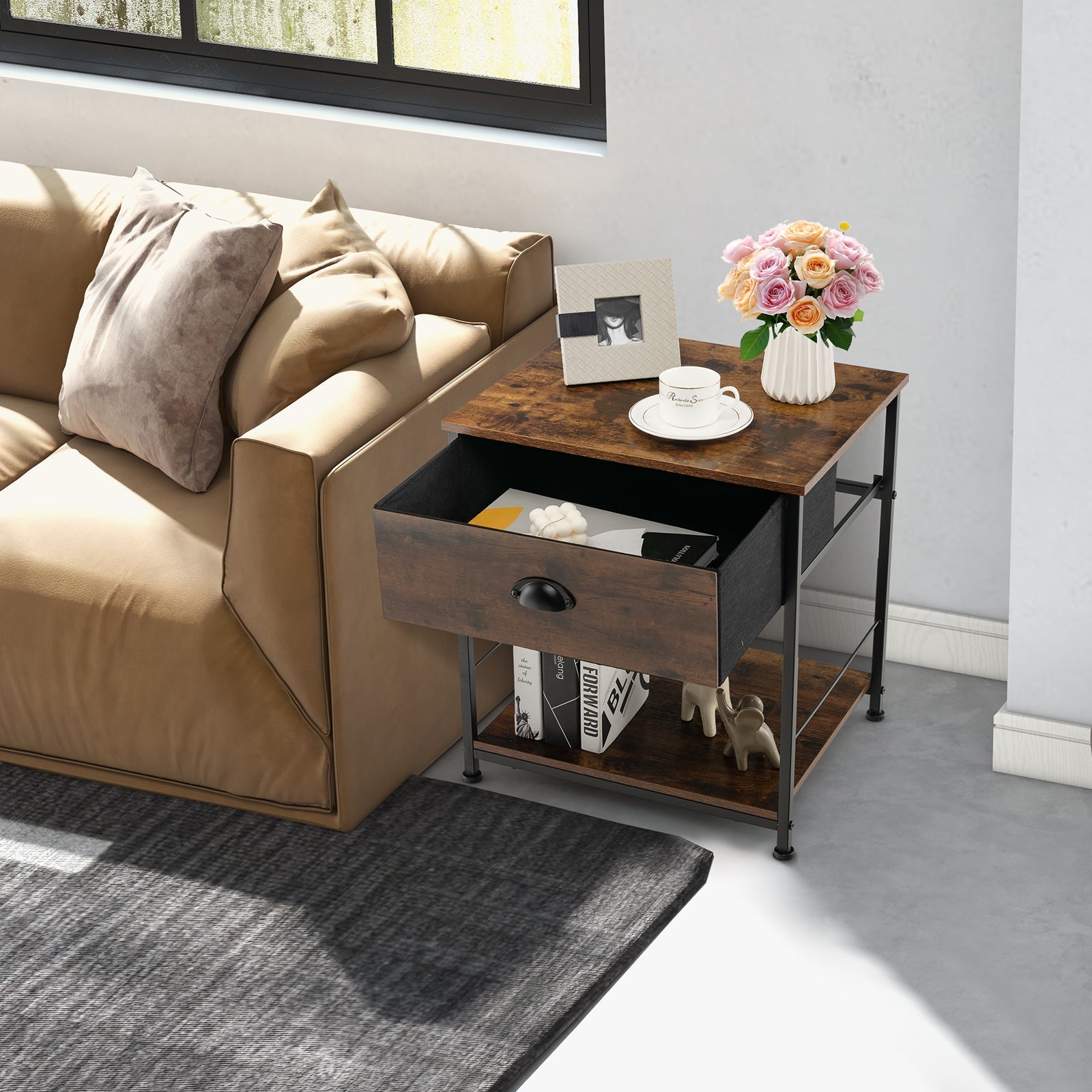 2 Tiers Nightstand with Open Storage Shelf for Living Room Bedroom