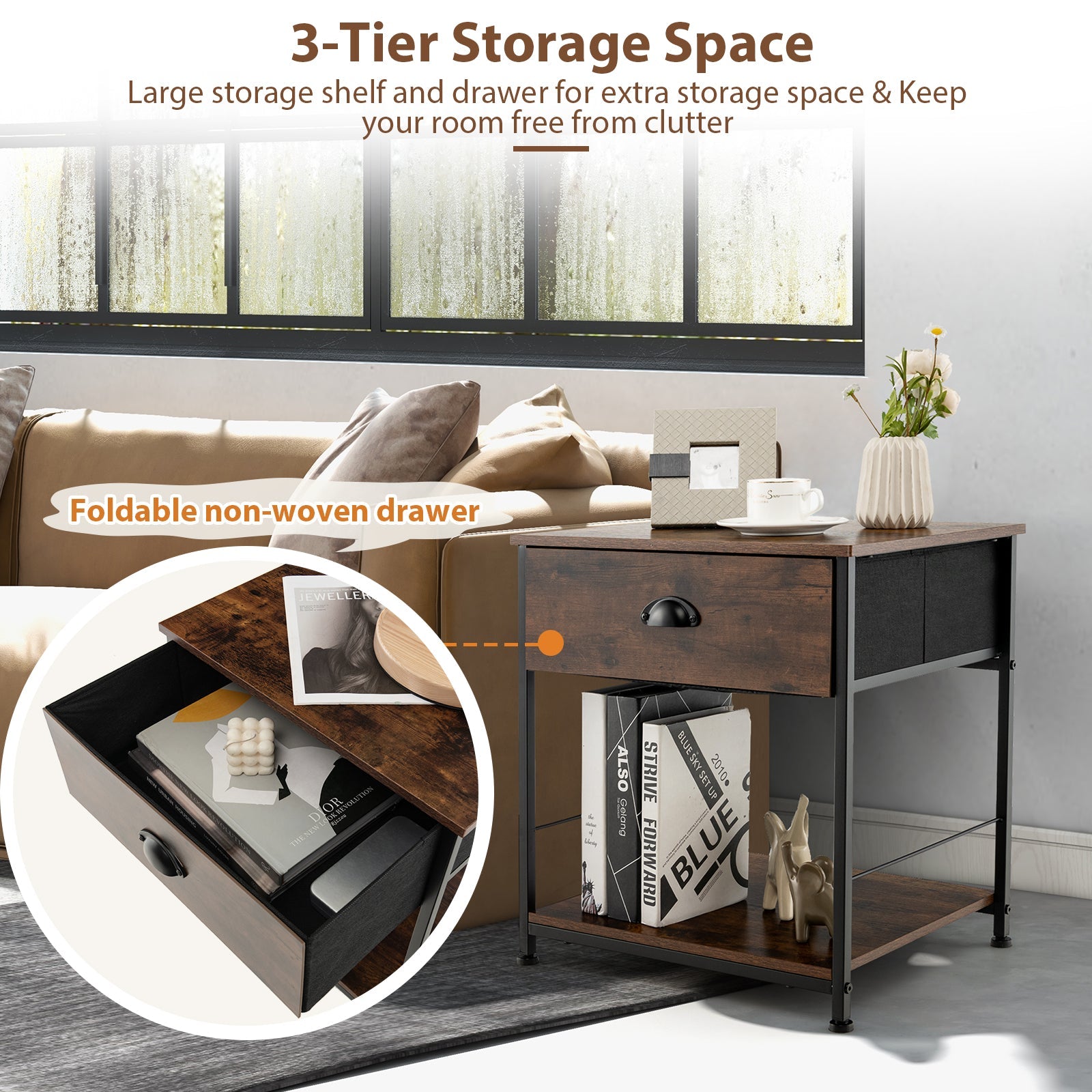 2 Tiers Nightstand with Open Storage Shelf for Living Room Bedroom