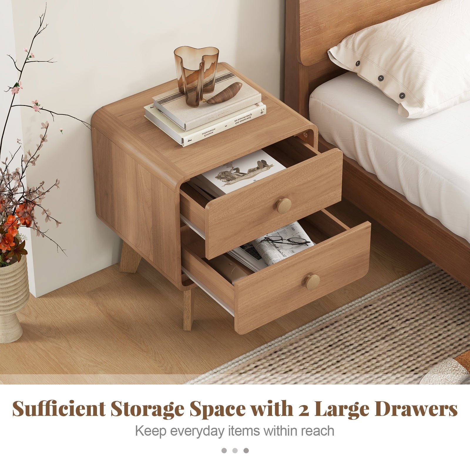 Nightstand with 2 Drawers Solid Rubber Wood Legs