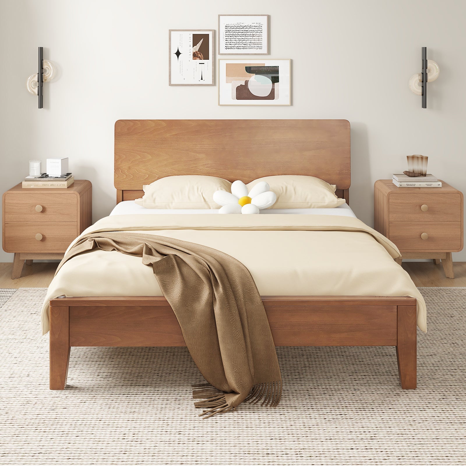 Nightstand with 2 Drawers Solid Rubber Wood Legs