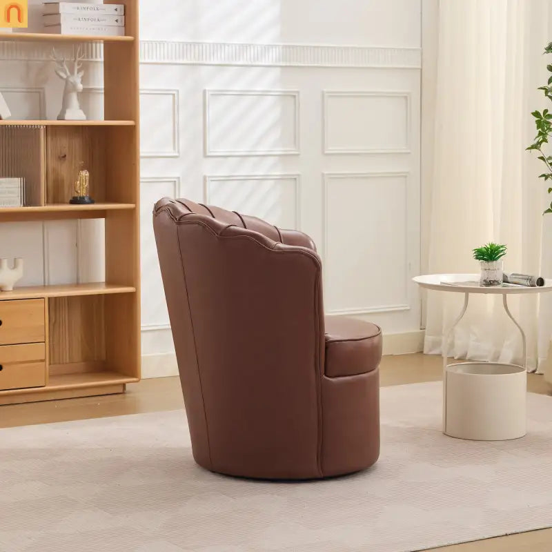 Wingback Swivel Chair Genuine Leather Brown 360 Degree Metal Base