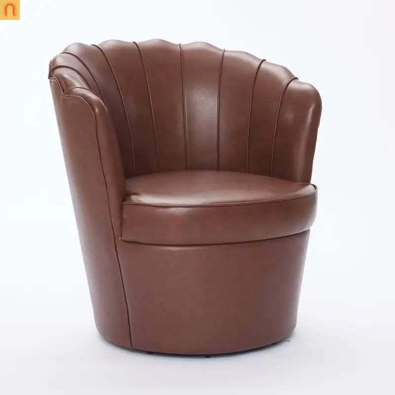 Wingback Swivel Chair Genuine Leather Brown 360 Degree Metal Base