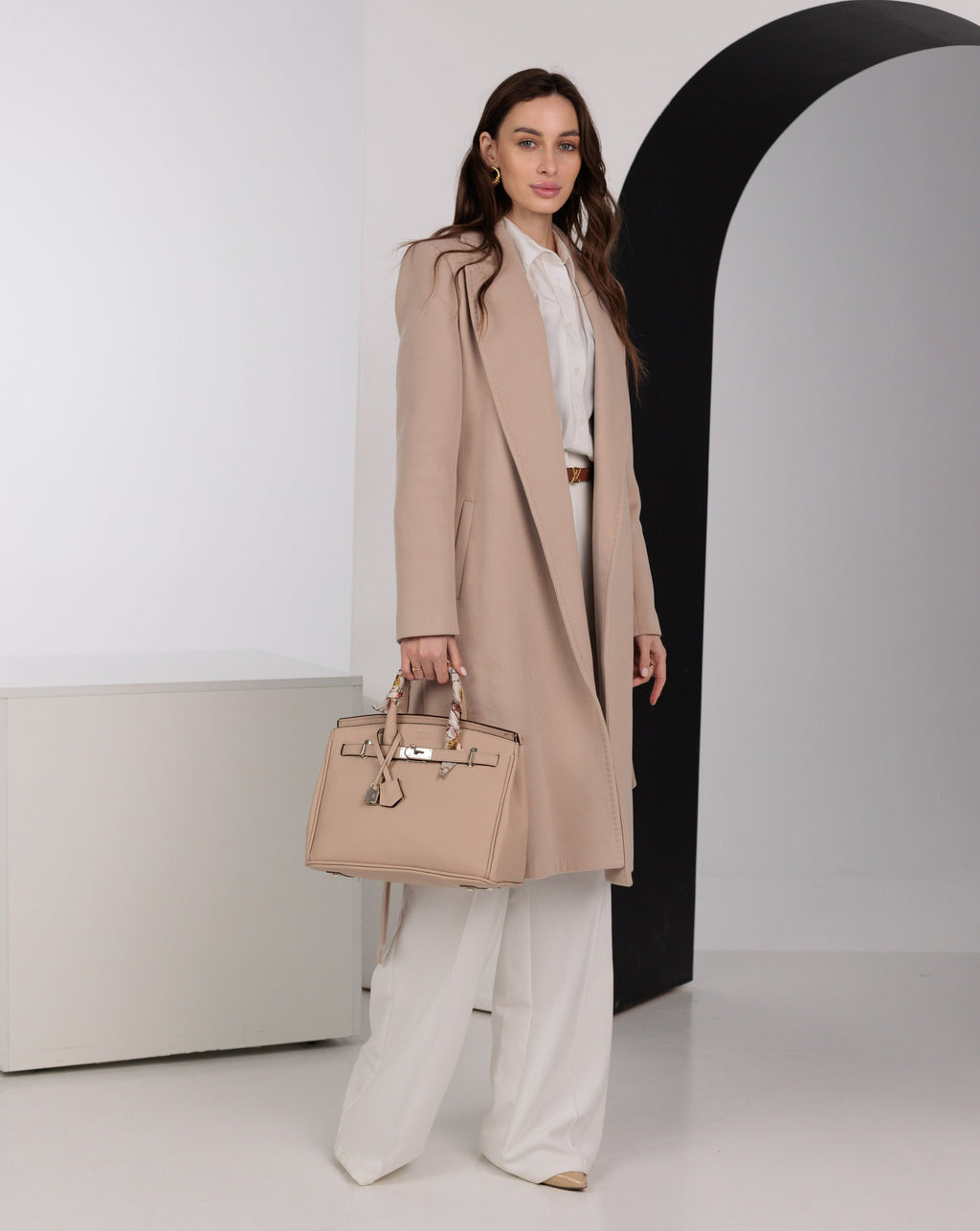 Geneva Classic Wraparound Wool Blend Overcoat in Beige
