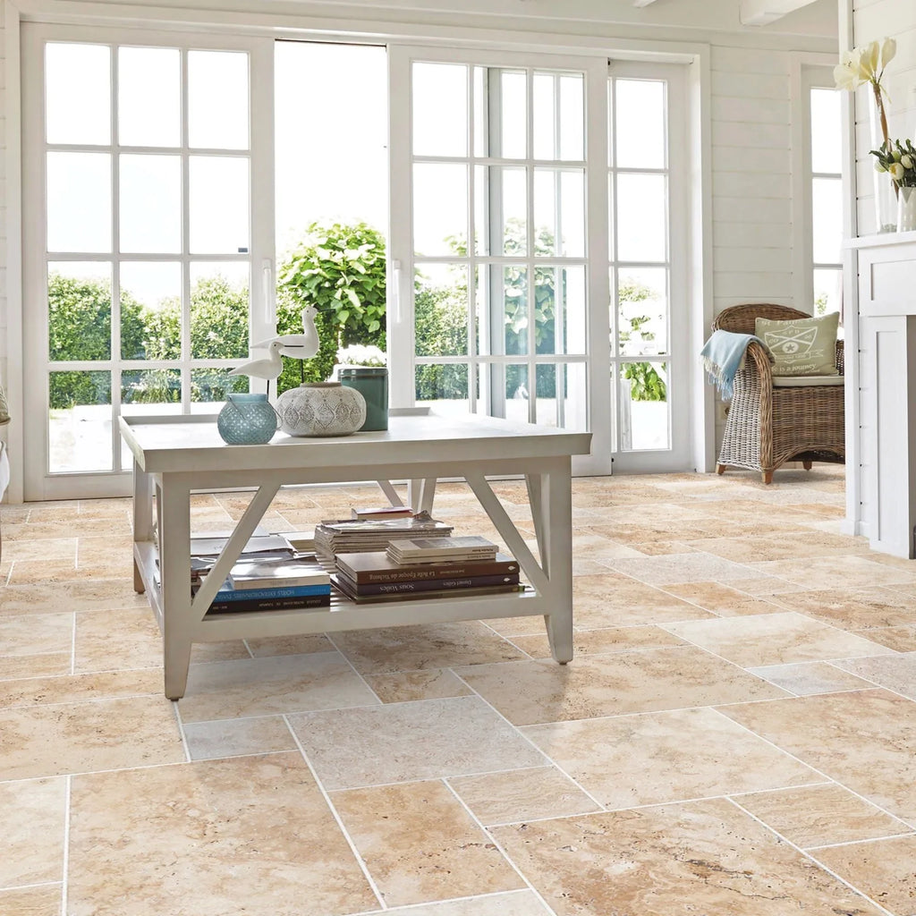 Olympus Beige Travertine Tiles French Pattern Brushed and Chiseled