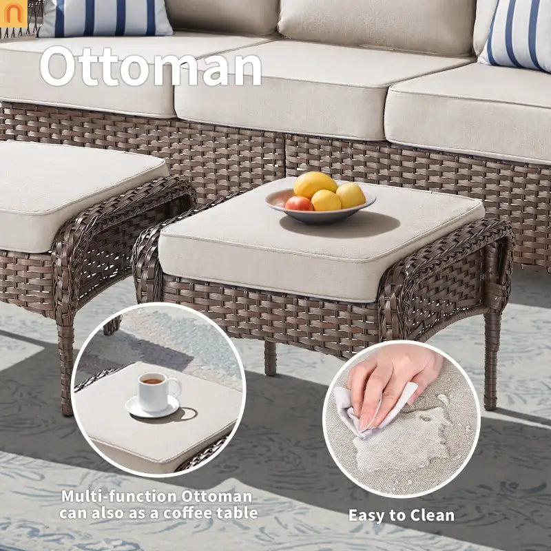 Outdoor Ottoman PE Wicker Steel Beige Cushion Set of 2