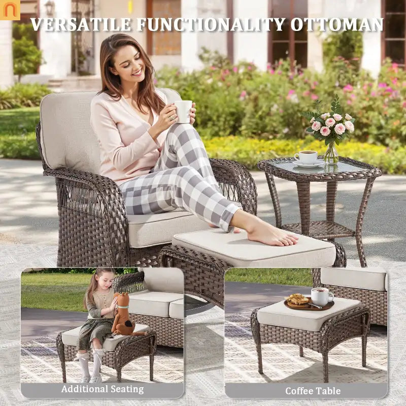 Outdoor Ottoman PE Wicker Steel Beige Cushion Set of 2