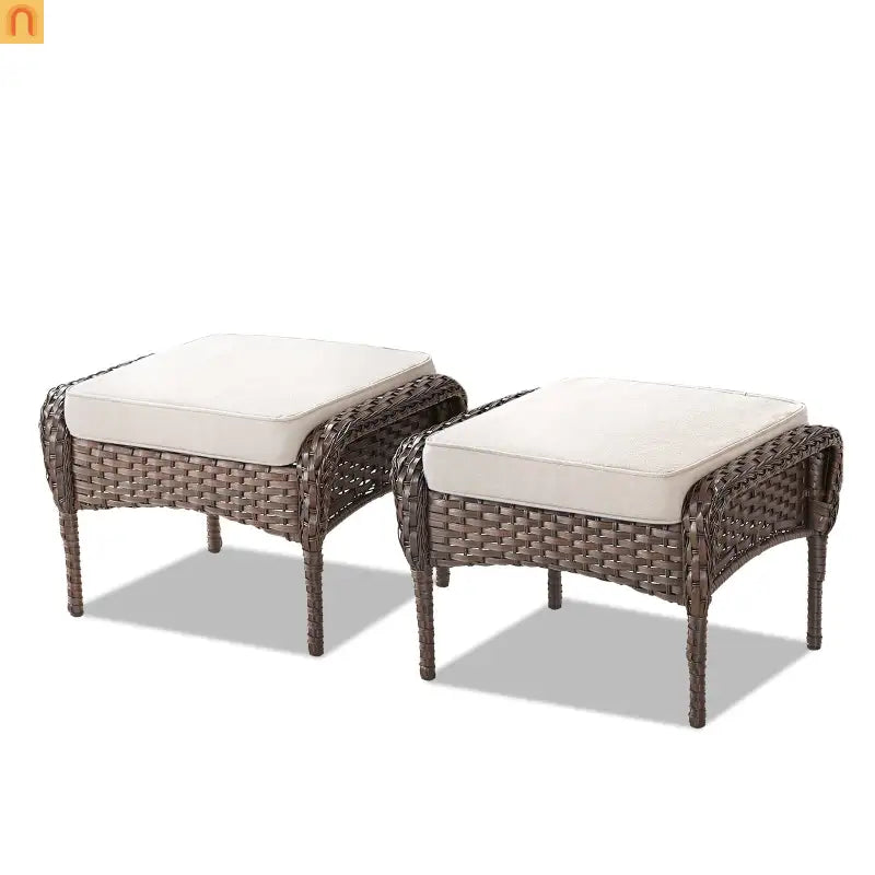 Outdoor Ottoman PE Wicker Steel Beige Cushion Set of 2