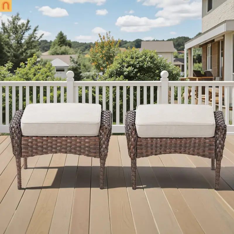 Outdoor Ottoman PE Wicker Steel Beige Cushion Set of 2
