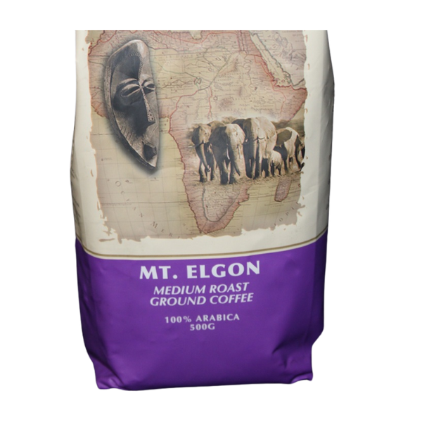 Front package view of Out of Africa Mt. Elgon Medium Roast Ground Coffee with smooth balanced flavor and medium roast character