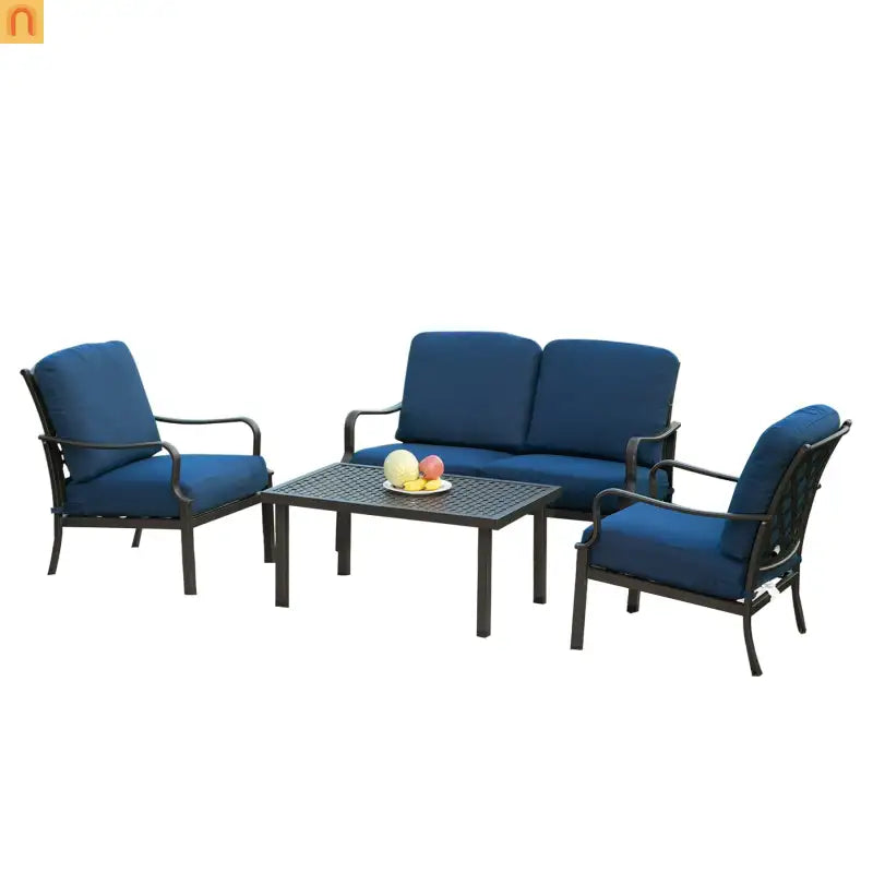 Outdoor Patio Set Metal Navy Blue 4 Piece 2 Chairs Loveseat Table
