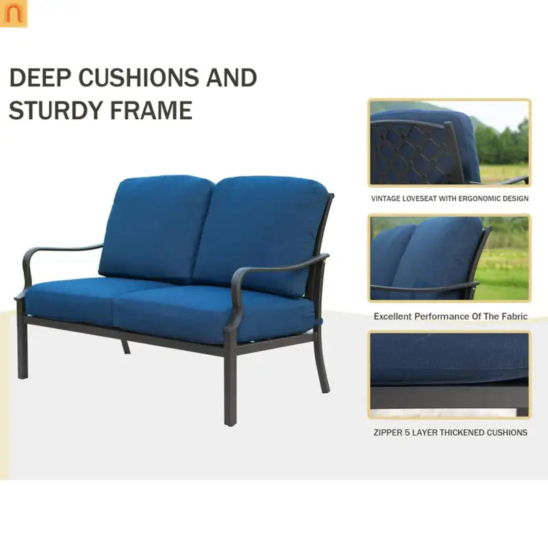 Outdoor Patio Set Metal Navy Blue 4 Piece 2 Chairs Loveseat Table
