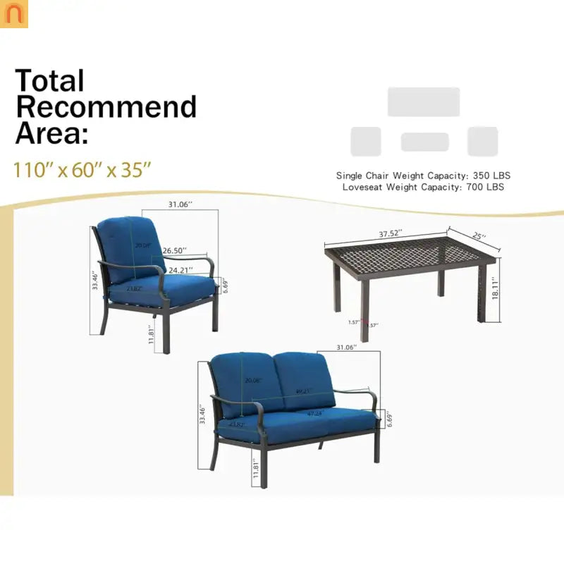 Outdoor Patio Set Metal Navy Blue 4 Piece 2 Chairs Loveseat Table