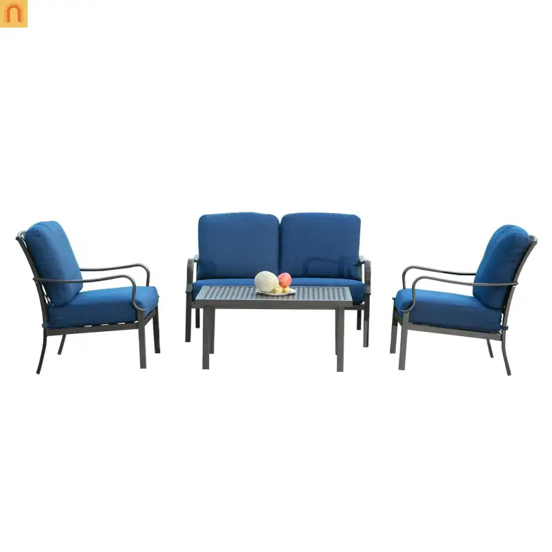 Outdoor Patio Set Metal Navy Blue 4 Piece 2 Chairs Loveseat Table