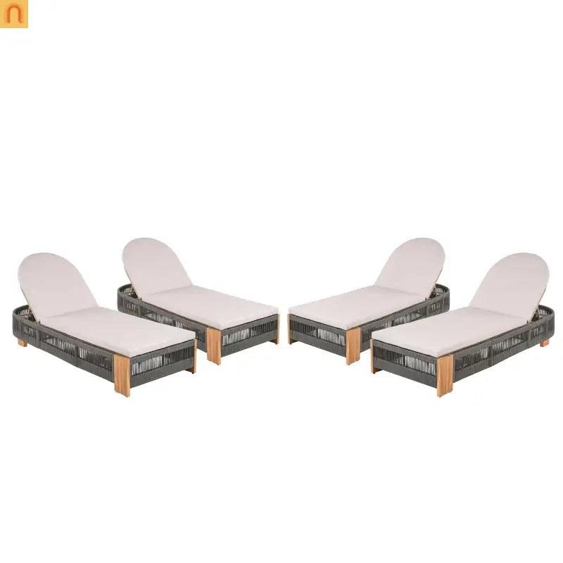 Outdoor Lounge Chair Set Acacia Wood Gray Rope 4 Piece 5 Position 800 LB