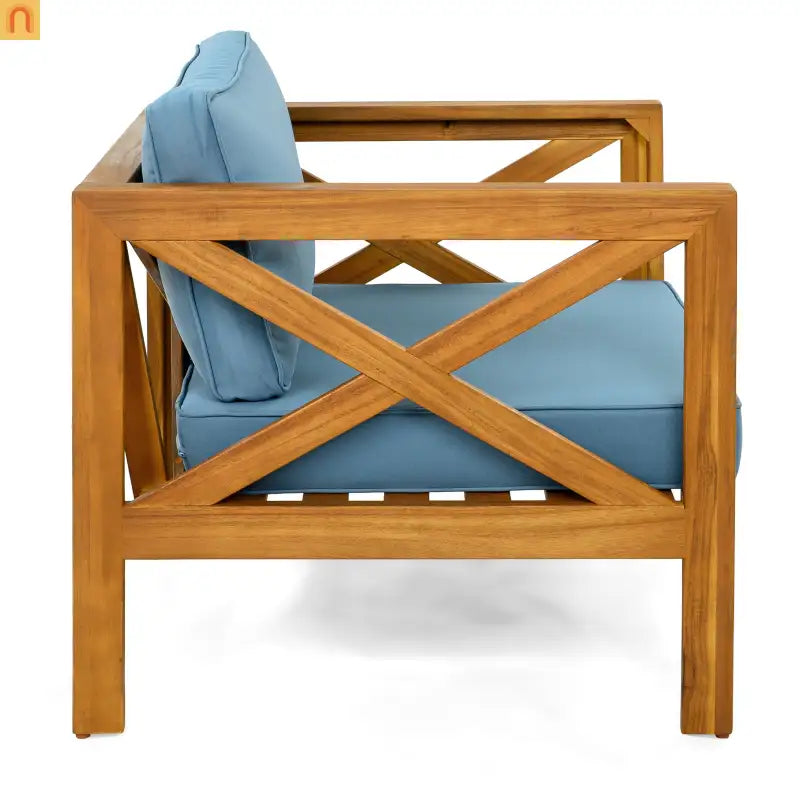 Outdoor Club Chair Set Acacia Wood Teak Blue Cushions Set of 4
