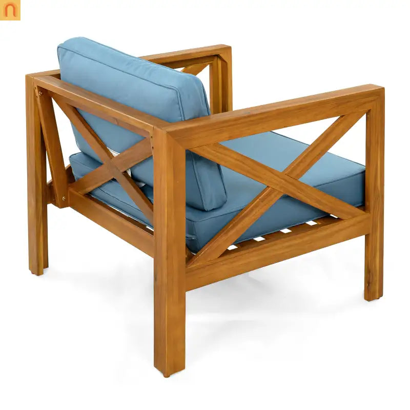 Outdoor Club Chair Set Acacia Wood Teak Blue Cushions Set of 4