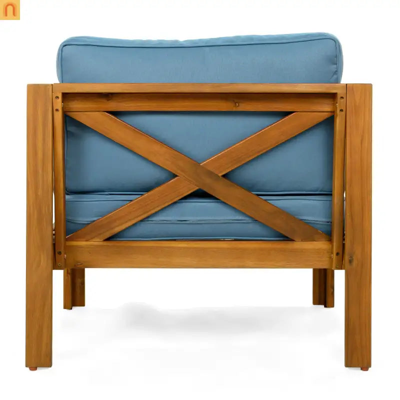 Outdoor Club Chair Set Acacia Wood Teak Blue Cushions Set of 4