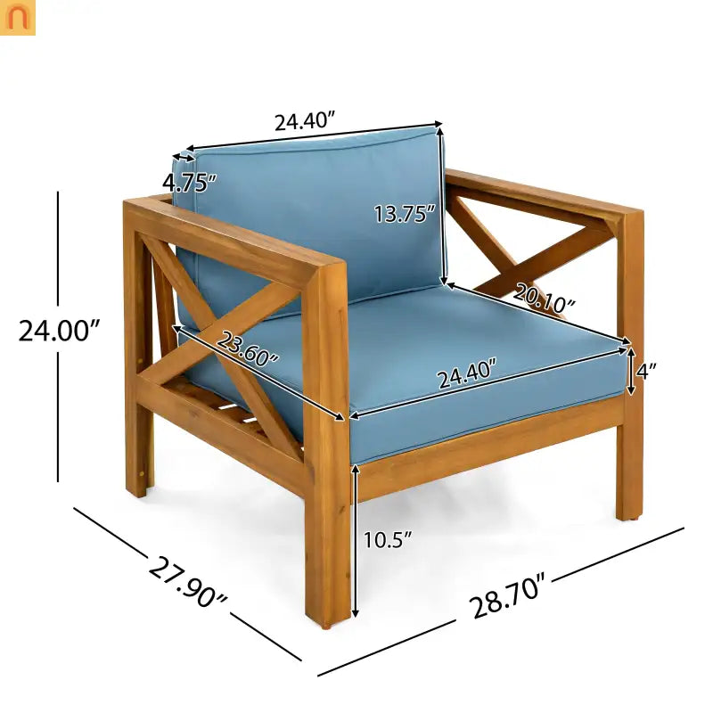 Outdoor Club Chair Set Acacia Wood Teak Blue Cushions Set of 4