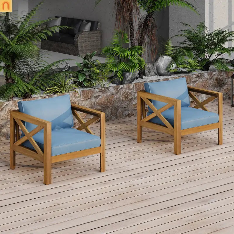 Outdoor Club Chair Set Acacia Wood Teak Blue Cushions Set of 4