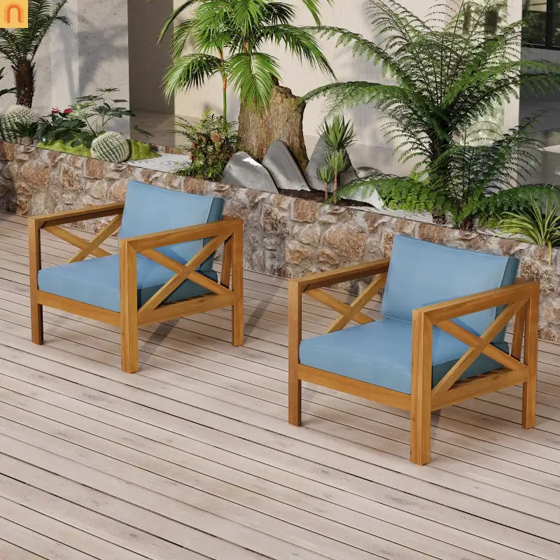 Outdoor Club Chair Set Acacia Wood Teak Blue Cushions Set of 4