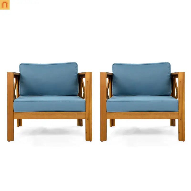 Outdoor Club Chair Set Acacia Wood Teak Blue Cushions Set of 4