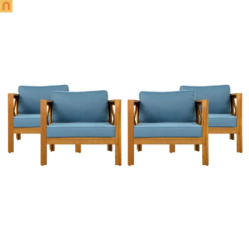Outdoor Club Chair Set Acacia Wood Teak Blue Cushions Set of 4