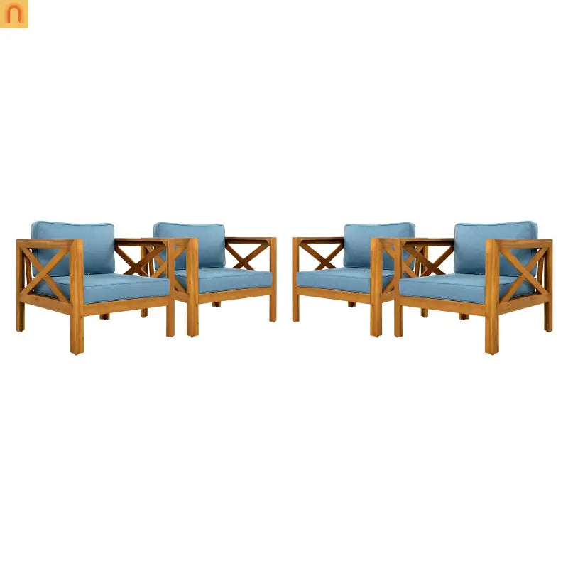 Outdoor Club Chair Set Acacia Wood Teak Blue Cushions Set of 4