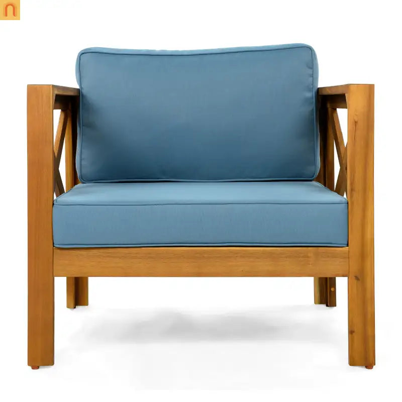 Outdoor Club Chair Set Acacia Wood Teak Blue Cushions Set of 4