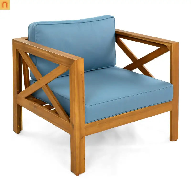 Outdoor Club Chair Set Acacia Wood Teak Blue Cushions Set of 4