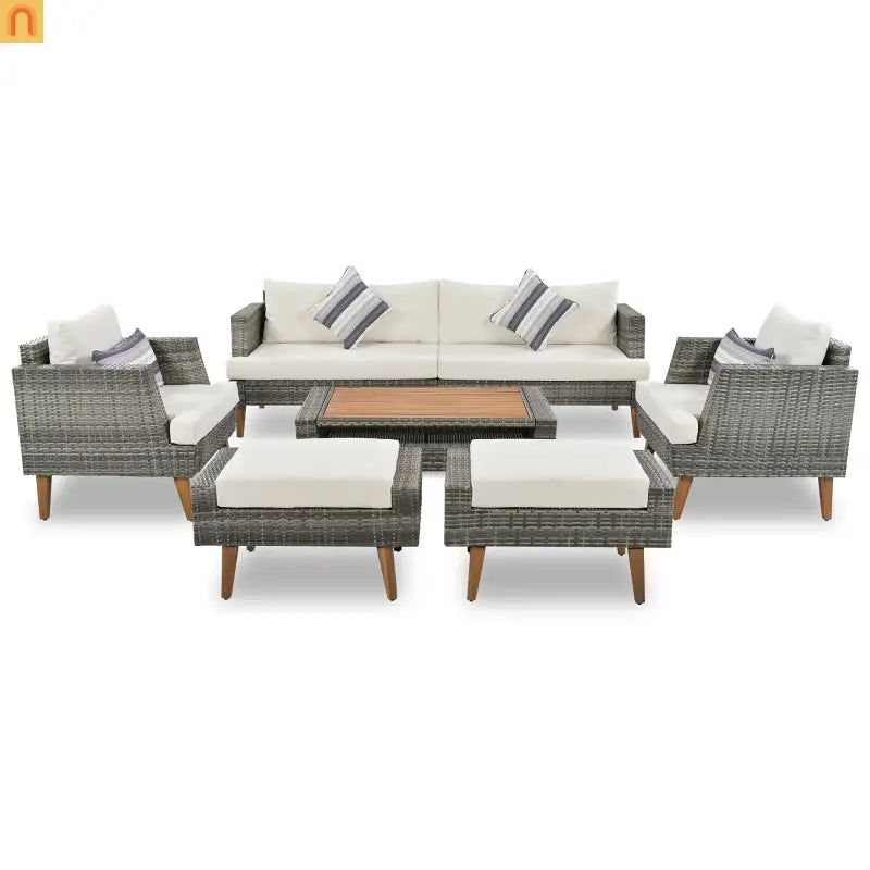 Outdoor Sofa Set PE Wicker Gray Beige 6 Piece Loveseat Ottoman