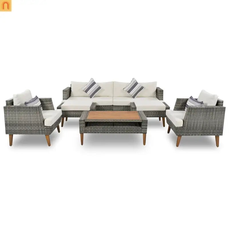 Outdoor Sofa Set PE Wicker Gray Beige 6 Piece Loveseat Ottoman