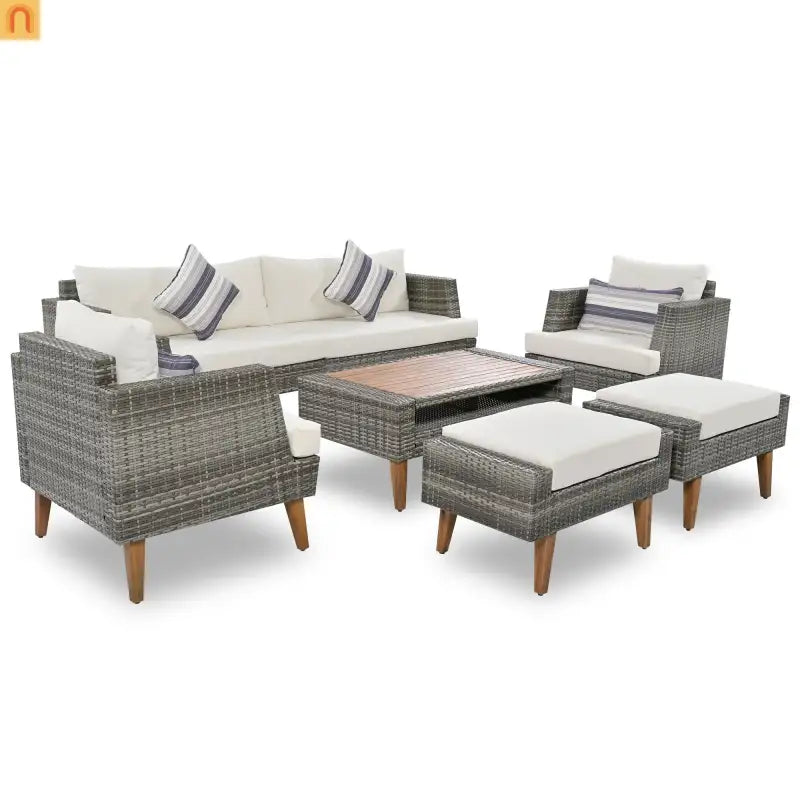 Outdoor Sofa Set PE Wicker Gray Beige 6 Piece Loveseat Ottoman