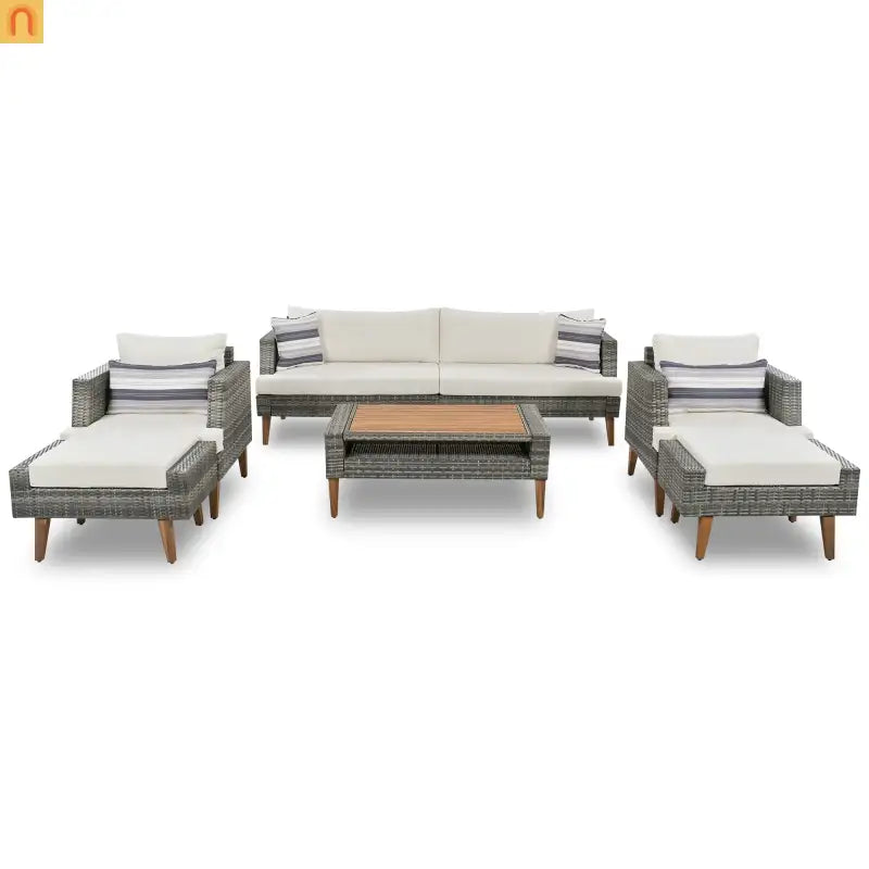 Outdoor Sofa Set PE Wicker Gray Beige 6 Piece Loveseat Ottoman