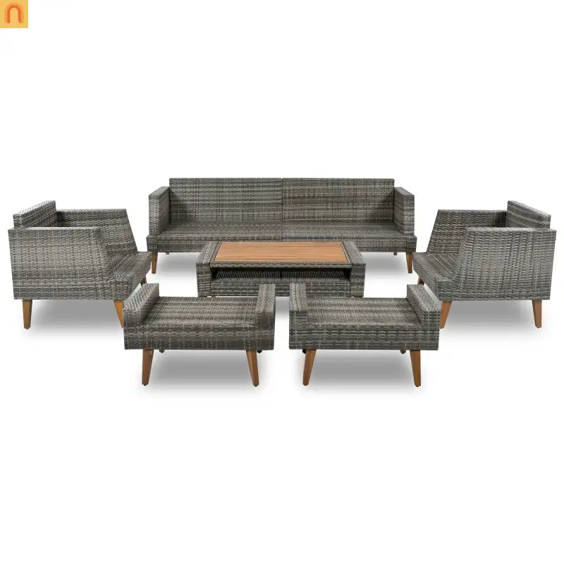 Outdoor Sofa Set PE Wicker Gray Beige 6 Piece Loveseat Ottoman