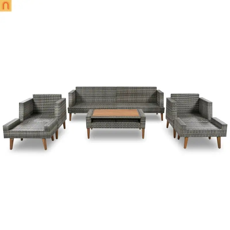 Outdoor Sofa Set PE Wicker Gray Beige 6 Piece Loveseat Ottoman