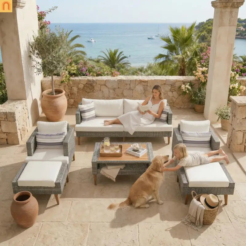 Outdoor Sofa Set PE Wicker Gray Beige 6 Piece Loveseat Ottoman