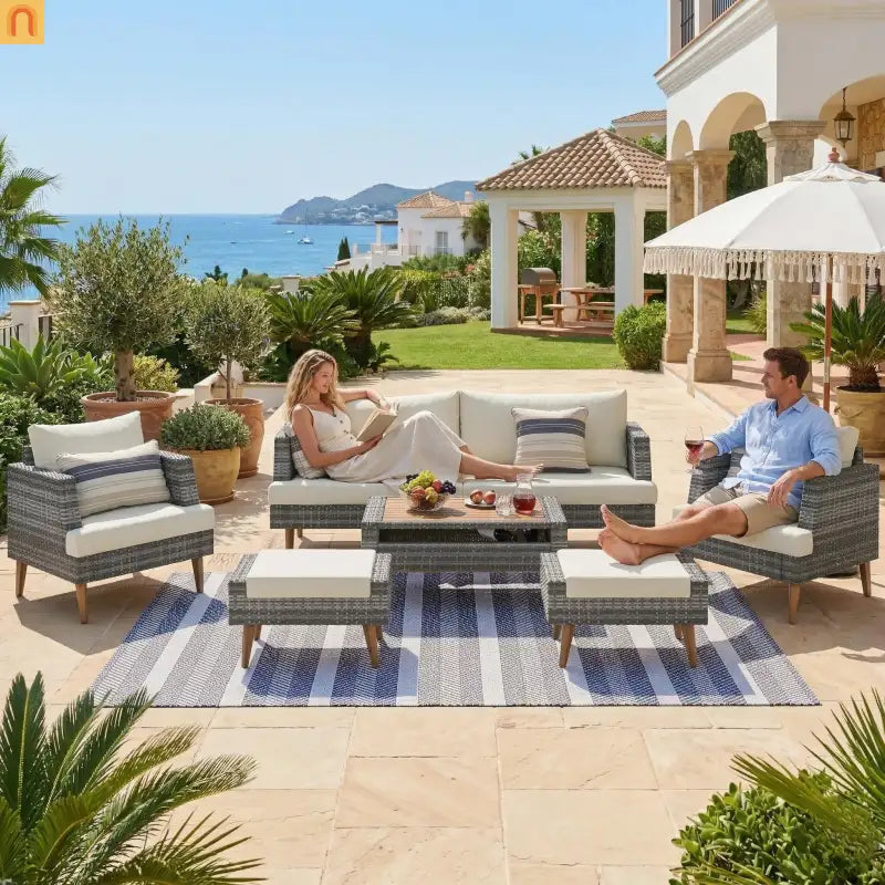 Outdoor Sofa Set PE Wicker Gray Beige 6 Piece Loveseat Ottoman