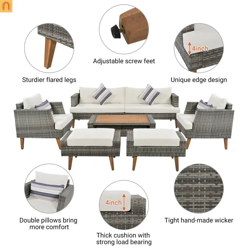 Outdoor Sofa Set PE Wicker Gray Beige 6 Piece Loveseat Ottoman