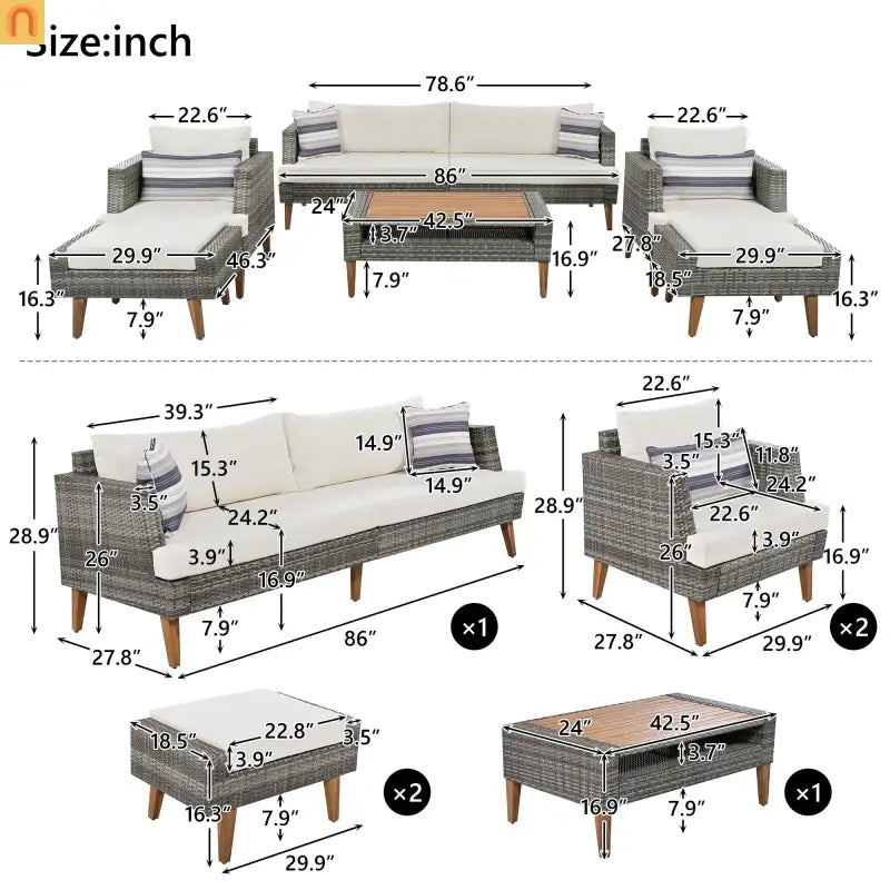 Outdoor Sofa Set PE Wicker Gray Beige 6 Piece Loveseat Ottoman